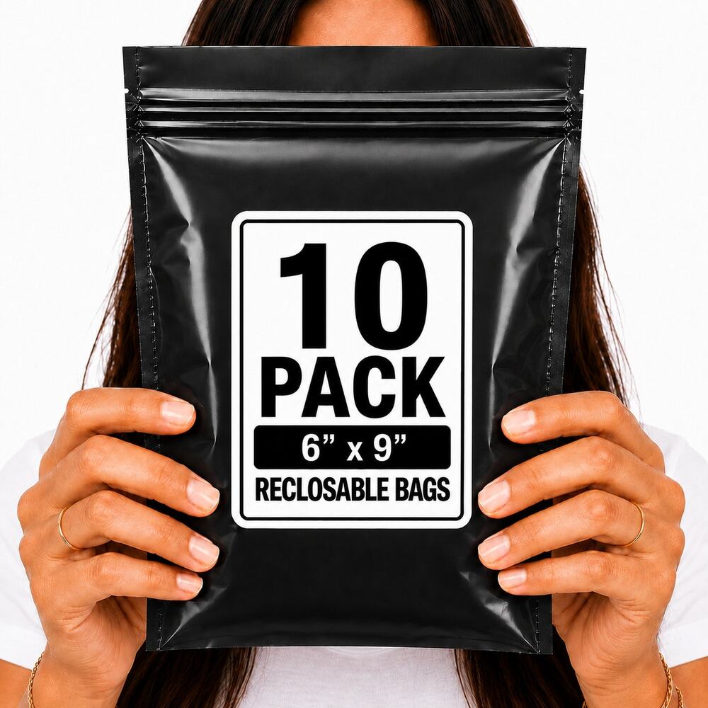 RECLOSABLE BLACK BAGS (10 PACK) 6" X 9" 2 MIL ZIPPER STORAGE BAGS NEW